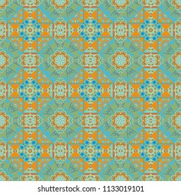 Mosaic background in blue, green and yellow colors. Vector abstract patch seamless pattern.