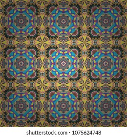 Mosaic background in blue, pink and orange colors. Vector abstract patch seamless pattern.