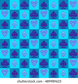 Mosaic background blue playing cards symbols. Tile.