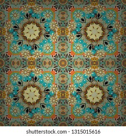 Mosaic background in blue, yellow and beige colors. Vector abstract patch seamless pattern.