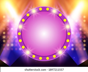 Mosaic background with blue and yellow spotlights and round banner. Design for presentation, concert, show. Vector illustration