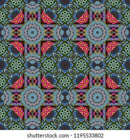 Mosaic background in brown, blue and green colors. Vector abstract patch seamless pattern.