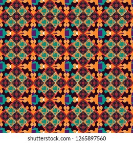 Mosaic background in brown, orange and blue colors. Vector abstract patch seamless pattern.