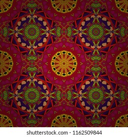 Mosaic background in brown, red and purple colors. Vector abstract patch seamless pattern.