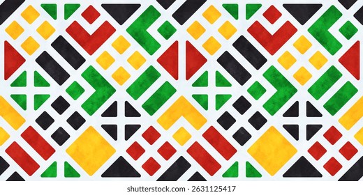 Mosaic background in colors of Juneteenth Freedom day. Abstract seamless pattern with geometric shapes and watercolor texture. Black history month bg, vector illustration