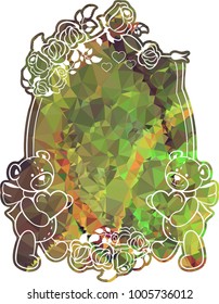 Mosaic background with cute teddy bear holding heart. Copy space.  The layout for greeting cards, Valentine Day cards, labels, tags, banners, flyers, ads. Vector clip art.