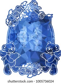Mosaic background with cute teddy bear holding heart. Copy space.  The layout for greeting cards, Valentine Day cards, labels, tags, banners, flyers, ads. Vector clip art.
