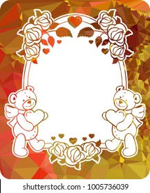 Mosaic background with cute teddy bear holding heart. Copy space.  The layout for greeting cards, Valentine Day cards, labels, tags, banners, flyers, ads. Vector clip art.