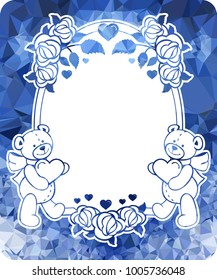 Mosaic background with cute teddy bear holding heart. Copy space.  The layout for greeting cards, Valentine Day cards, labels, tags, banners, flyers, ads. Vector clip art.