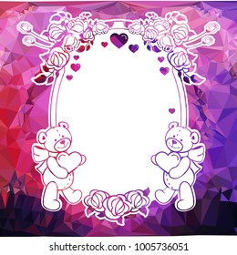 Mosaic background with cute teddy bear holding heart. Copy space.  The layout for greeting cards, Valentine Day cards, labels, tags, banners, flyers, ads. Vector clip art.