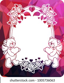 Mosaic background with cute teddy bear holding heart. Copy space.  The layout for greeting cards, Valentine Day cards, labels, tags, banners, flyers, ads. Vector clip art.