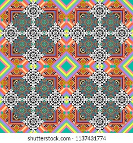 Mosaic background in gray, beige and orange colors. Raster abstract patch seamless pattern.