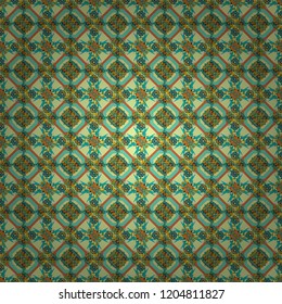 Mosaic background in green, blue and yellow colors. Vector abstract patch seamless pattern.