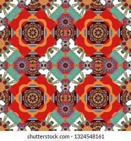 Mosaic background in green, red and brown colors. Vector abstract patch seamless pattern.