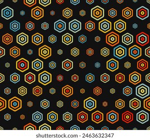 Mosaic background. Multicolored geometric elements of varied size. Bold rounded stacked hexagon cells. Hexagonal shapes. Tileable pattern. Seamless vector illustration.