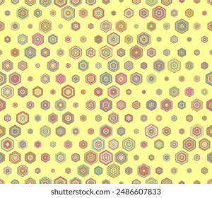 Mosaic background. Multicolored geometric elements of varied size. Rounded stacked hexagons mosaic pattern. Hexagon cells. Tileable pattern. Seamless vector illustration.