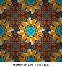 Mosaic background in orange, blue and gray colors. Vector abstract patch seamless pattern.
