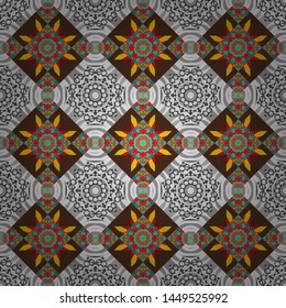 Mosaic background in orange, brown and gray colors. Vector abstract patch seamless pattern.