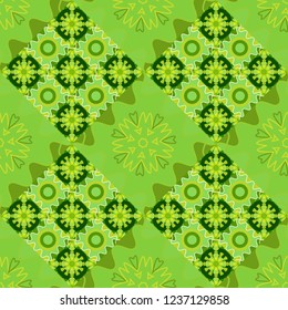 Mosaic background in orange, green and white colors. Vector abstract patch seamless pattern.
