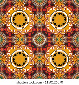 Mosaic background in orange, yellow and brown colors. Vector abstract patch seamless pattern.