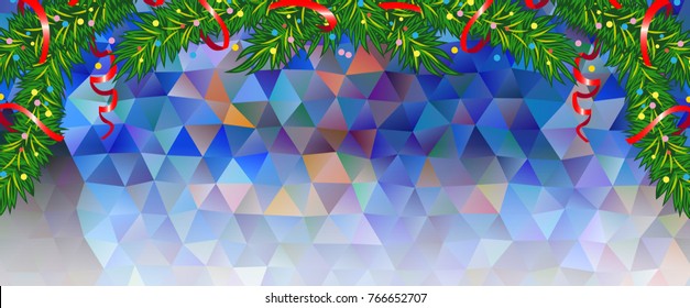 Mosaic background with pine branches. Christmas banner template. Vector illustration.