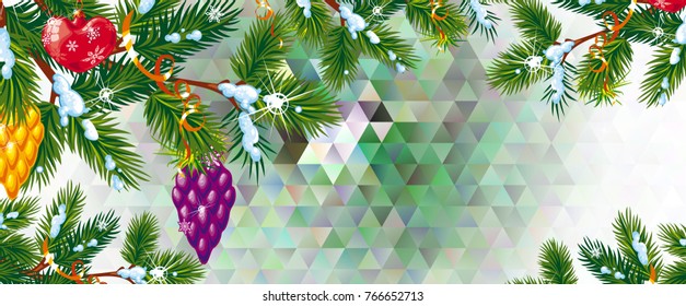 Mosaic background with pine branches. Christmas banner template. Vector illustration.