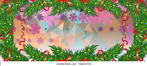 Mosaic background with pine branches. Christmas banner template. Vector illustration.