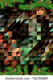 Mosaic background with pine branches and Christmas ornament. Copy space. Vector illustration.