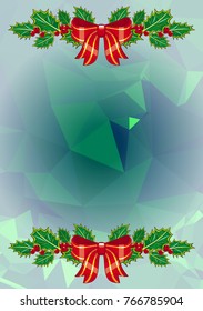 Mosaic background with pine branches and Christmas ornament. Copy space. Vector illustration.