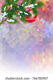 Mosaic background with pine branches and Christmas ornament. Copy space. Vector illustration.