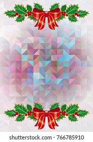 Mosaic background with pine branches and Christmas ornament. Copy space. Vector illustration.