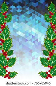Mosaic background with pine branches and Christmas ornament. Copy space. Vector illustration.