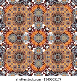 Mosaic background in pink, orange and gray colors. Vector abstract patch seamless pattern.