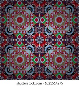 Mosaic background in red, beige and blue colors. Vector abstract patch seamless pattern.