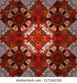 Mosaic background in red, brown and orange colors. Vector abstract patch seamless pattern.