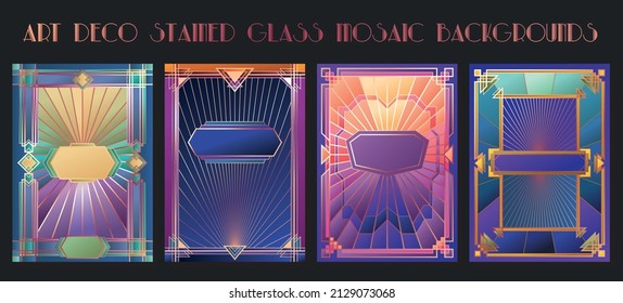 Mosaic Background Set Art Deco Copper Ornaments, Stained Glass Windows Style Mosaic, Colorful Gradients 