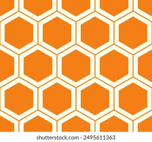 Mosaic background. Simple hexagon grid with inner solid cells. Orange color tones. Large hexagons. Seamless pattern. Tileable vector illustration.