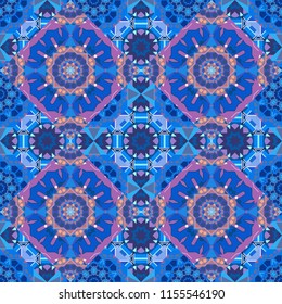 Mosaic background in violet, pink and blue colors. Vector abstract patch seamless pattern.