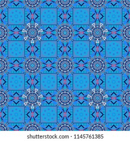Mosaic background in violet, purple and blue colors. Vector abstract patch seamless pattern.
