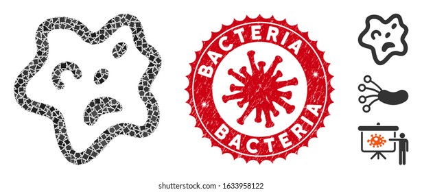 Mosaic bacteria icon and red round grunge stamp watermark with Bacteria caption and coronavirus symbol. Mosaic vector is created from bacteria icon and with randomizedjoggly parts.