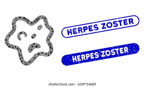 Mosaic Bacteria Icon And Red Round Rubber Stamp Seal With Herpes Zoster Text And Coronavirus Symbol. Mosaic Vector Is Designed With Bacteria Icon And With Random Spheric Elements.