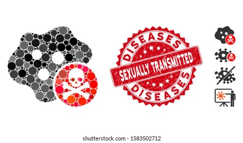 Mosaic bactericidal toxin icon and rubber stamp seal with Sexually Transmitted Diseases phrase. Mosaic vector is formed with bactericidal toxin icon and with randomized round items.