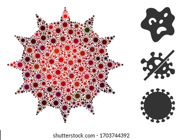 Mosaic bacterium united from flu virus icons in various sizes, red colors. Vector infection icons are composed into abstract mosaic bacterium icon. Some bonus icons are added.