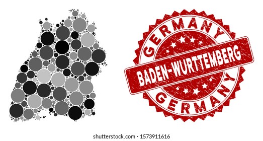 Mosaic Baden-Wurttemberg Land map and circle rubber print. Flat vector Baden-Wurttemberg Land map mosaic of randomized round items. Red rubber stamp with rubber style.