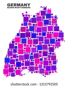 Mosaic Baden-Wurttemberg Land map isolated on a white background. Vector geographic abstraction in pink and violet colors. Mosaic of Baden-Wurttemberg Land map combined of random square items.