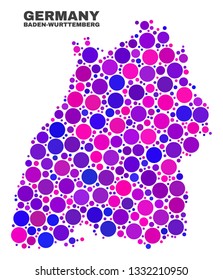 Mosaic Baden-Wurttemberg Land map isolated on a white background. Vector geographic abstraction in pink and violet colors. Mosaic of Baden-Wurttemberg Land map combined of random spheric points.