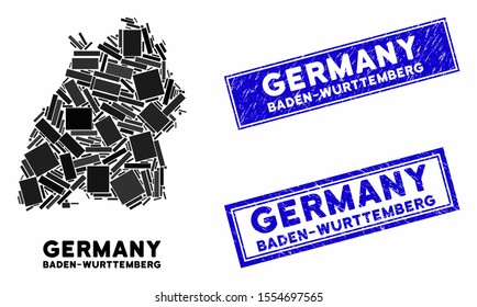 Mosaic Baden-Wurttemberg Land map and rectangular seal stamps. Flat vector Baden-Wurttemberg Land map mosaic of scattered rotated rectangle items. Blue caption seal stamps with distress texture.