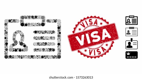 Mosaic badge icon and distressed stamp seal with Visa caption. Mosaic vector is designed with badge pictogram and with random round spots. Visa stamp seal uses red color, and rubber surface.