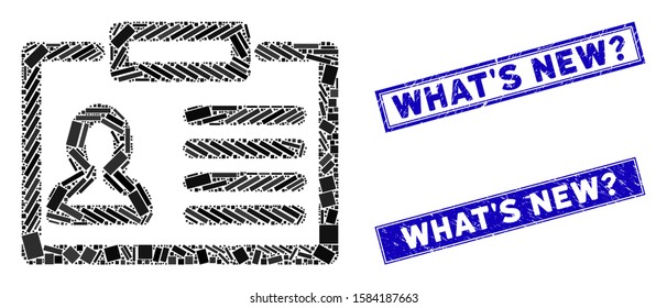 Mosaic badge icon and rectangle What'S New? rubber prints. Flat vector badge mosaic icon of randomized rotated rectangle elements. Blue What'S New? rubber stamps with distress texture.