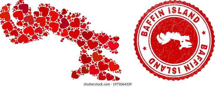 Mosaic Baffin Island map composed with red love hearts, and grunge stamp. Vector lovely round red rubber seal stamp imitation with Baffin Island map inside.